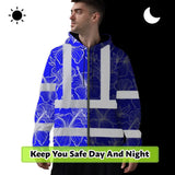 Hi Vis Zip Hoodie Reflective Tapes Blue Neon Flowers Custom Name Safety Workwear For Workers, Truckers, Operators