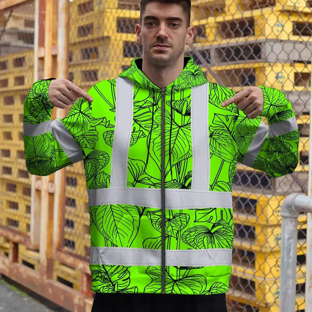 Hi Vis Zip Hoodie Reflective Tapes Blue Neon Flowers Custom Name Safety Workwear For Workers, Truckers, Operators