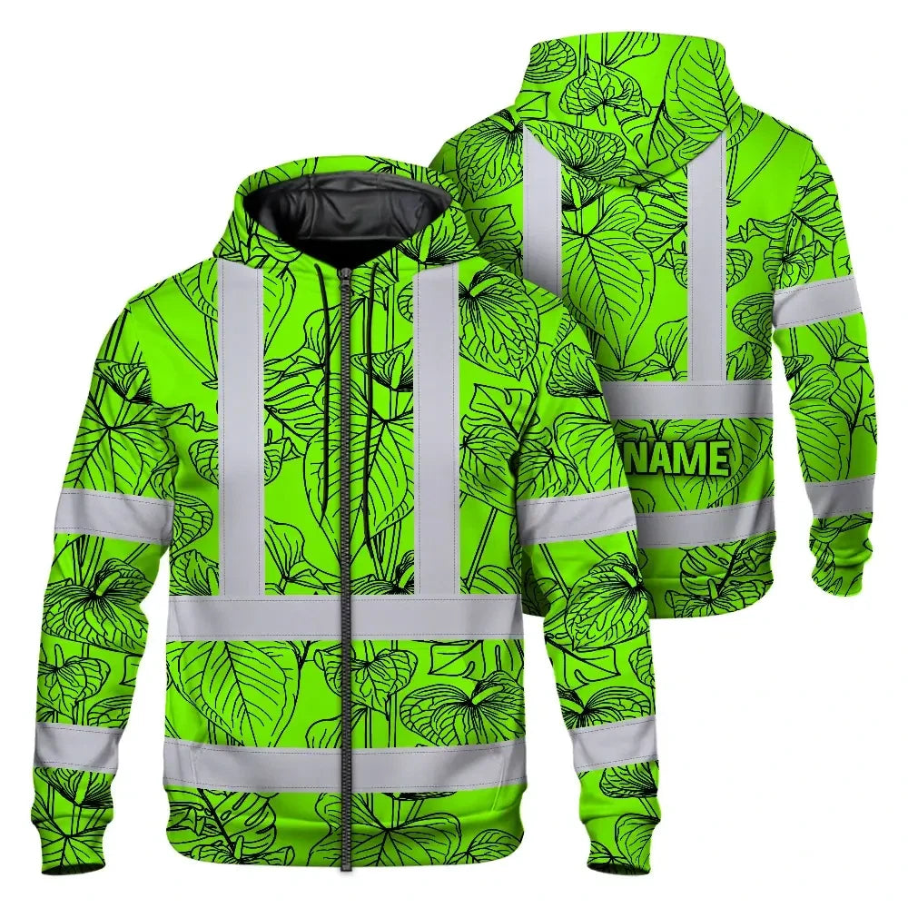 Hi Vis Zip Hoodie Reflective Tapes Blue Neon Flowers Custom Name Safety Workwear For Workers, Truckers, Operators