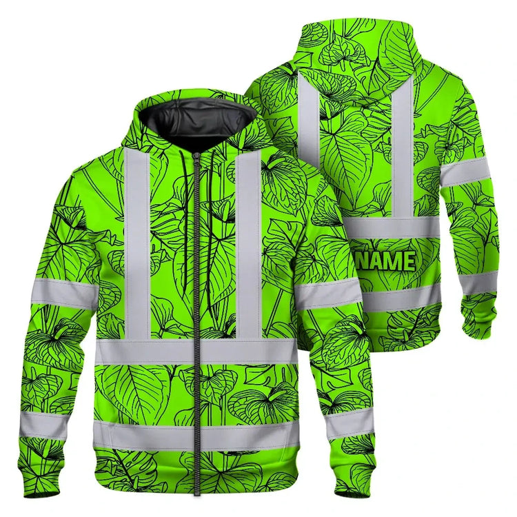 Blue Neon Flowers Hi-Vis Zip Hoodie