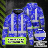 Hi Vis Zip Hoodie Reflective Tapes Blue Neon Flowers Custom Name Safety Workwear For Workers, Truckers, Operators