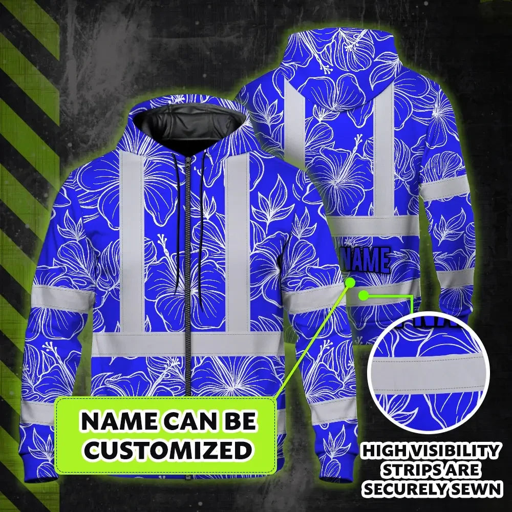 Hi Vis Zip Hoodie Reflective Tapes Blue Neon Flowers Custom Name Safety Workwear For Workers, Truckers, Operators