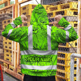 Hi Vis Zip Hoodie Reflective Tapes Blue Neon Flowers Custom Name Safety Workwear For Workers, Truckers, Operators