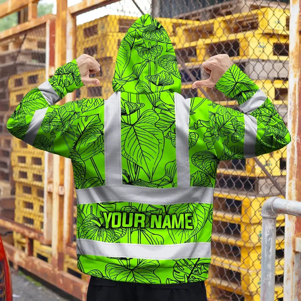 Hi Vis Zip Hoodie Reflective Tapes Blue Neon Flowers Custom Name Safety Workwear For Workers, Truckers, Operators