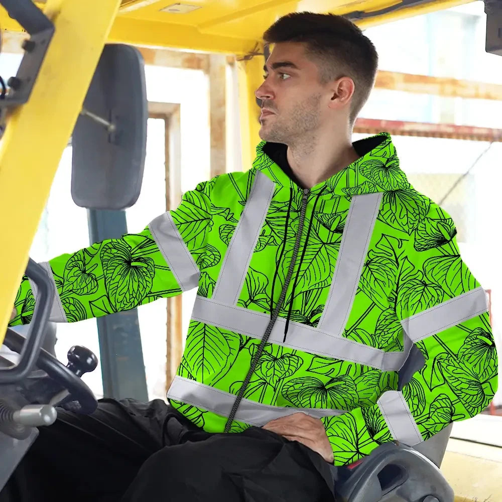 Hi Vis Zip Hoodie Reflective Tapes Blue Neon Flowers Custom Name Safety Workwear For Workers, Truckers, Operators