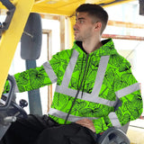Hi Vis Zip Hoodie Reflective Tapes Blue Neon Flowers Custom Name Safety Workwear For Workers, Truckers, Operators