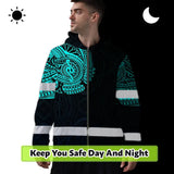 Hi Vis Zip Hoodie Reflective Tapes Blue Neon Hawaii 2 Custom Name Safety Workwear For Workers, Truckers, Operators