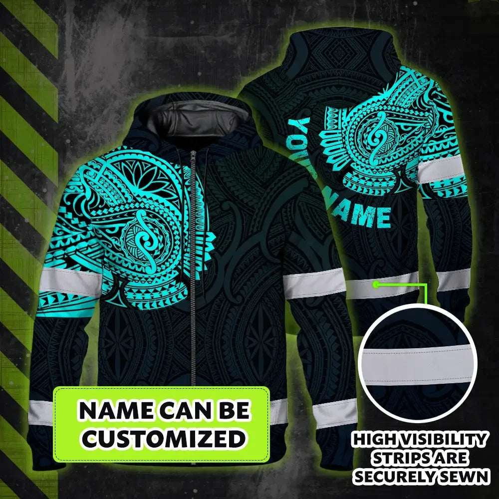 Hi Vis Zip Hoodie Reflective Tapes Blue Neon Hawaii 2 Custom Name Safety Workwear For Workers, Truckers, Operators