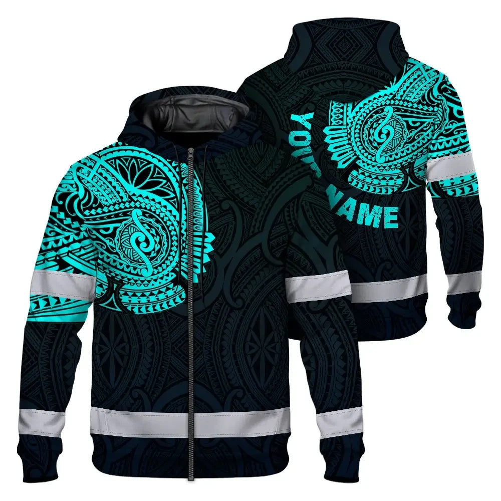 Hi Vis Zip Hoodie Reflective Tapes Blue Neon Hawaii 2 Custom Name Safety Workwear For Workers, Truckers, Operators