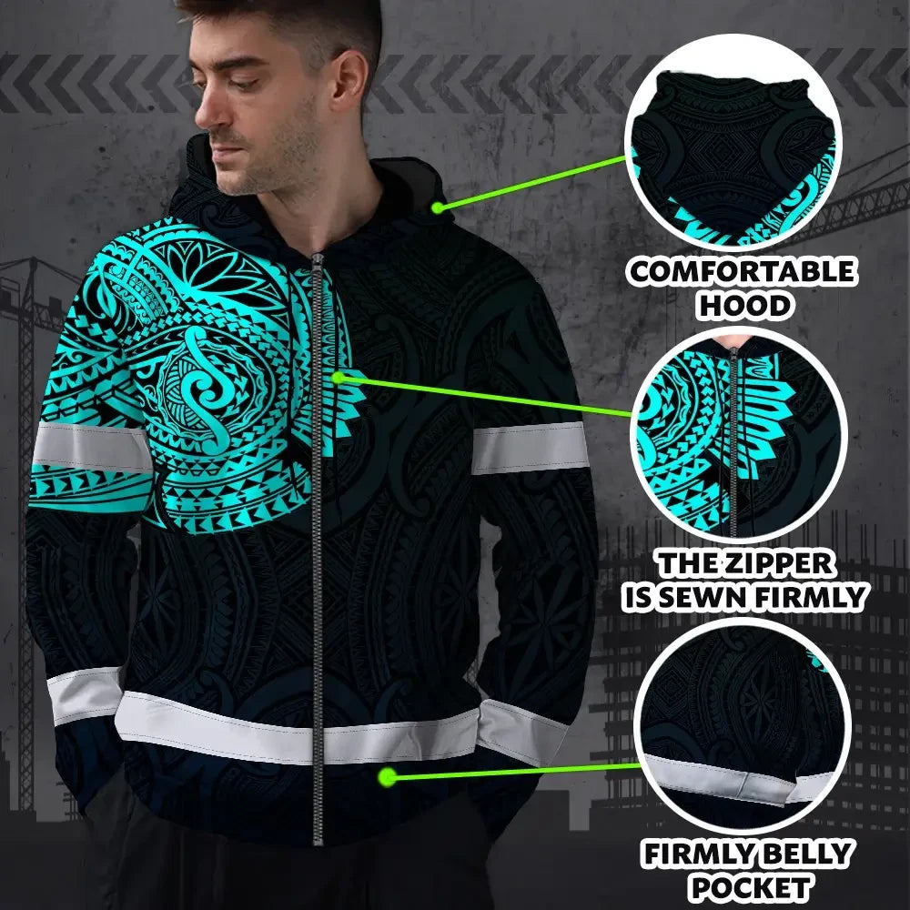 Hi Vis Zip Hoodie Reflective Tapes Blue Neon Hawaii 2 Custom Name Safety Workwear For Workers, Truckers, Operators
