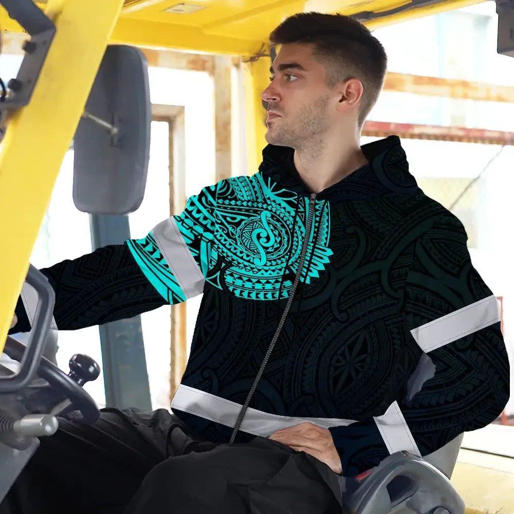 Hi Vis Zip Hoodie Reflective Tapes Blue Neon Hawaii 2 Custom Name Safety Workwear For Workers, Truckers, Operators