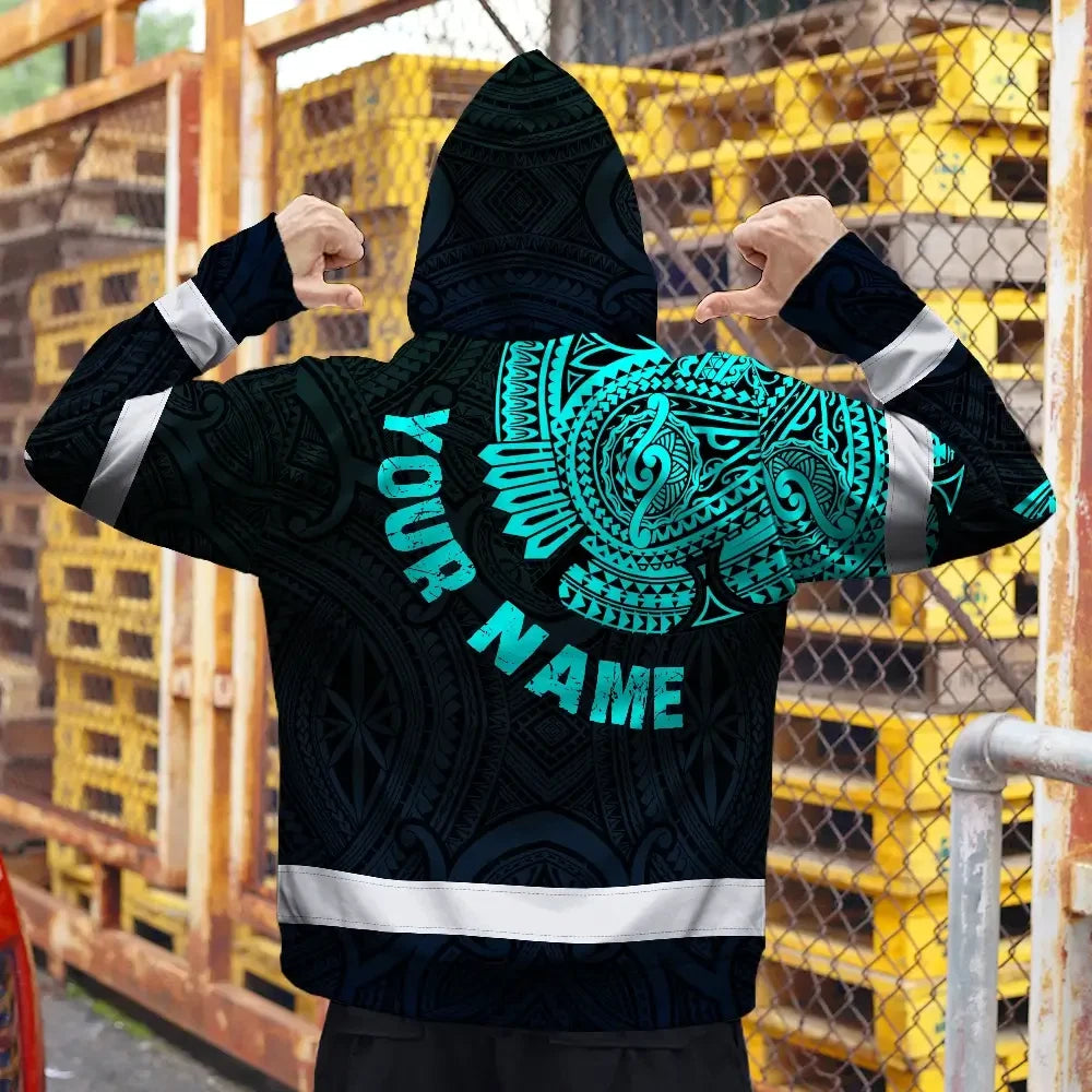 Hi Vis Zip Hoodie Reflective Tapes Blue Neon Hawaii 2 Custom Name Safety Workwear For Workers, Truckers, Operators