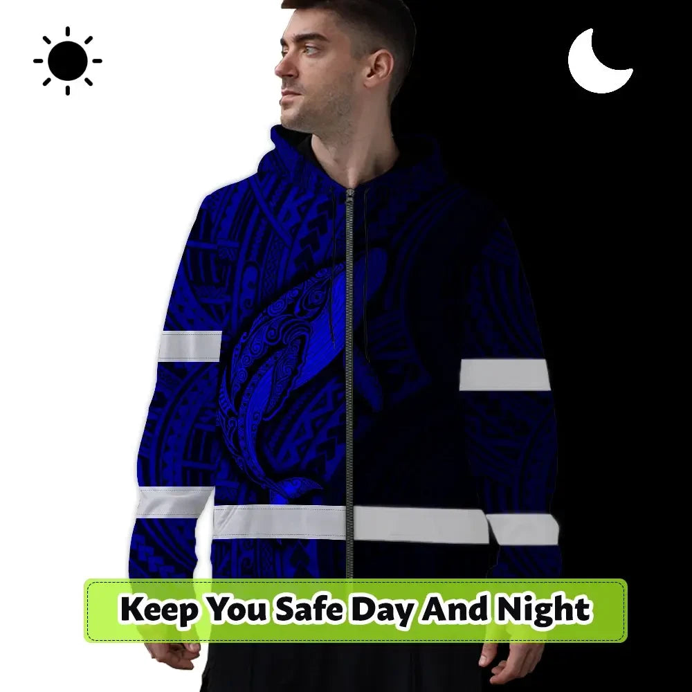 Hi Vis Zip Hoodie Reflective Tapes Blue Neon Hawaii Whale Custom Name Safety Workwear For Workers, Truckers, Operators