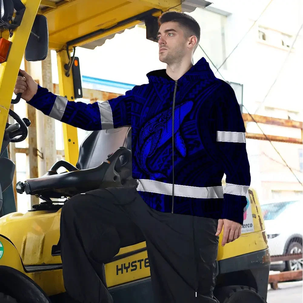 Hi Vis Zip Hoodie Reflective Tapes Blue Neon Hawaii Whale Custom Name Safety Workwear For Workers, Truckers, Operators