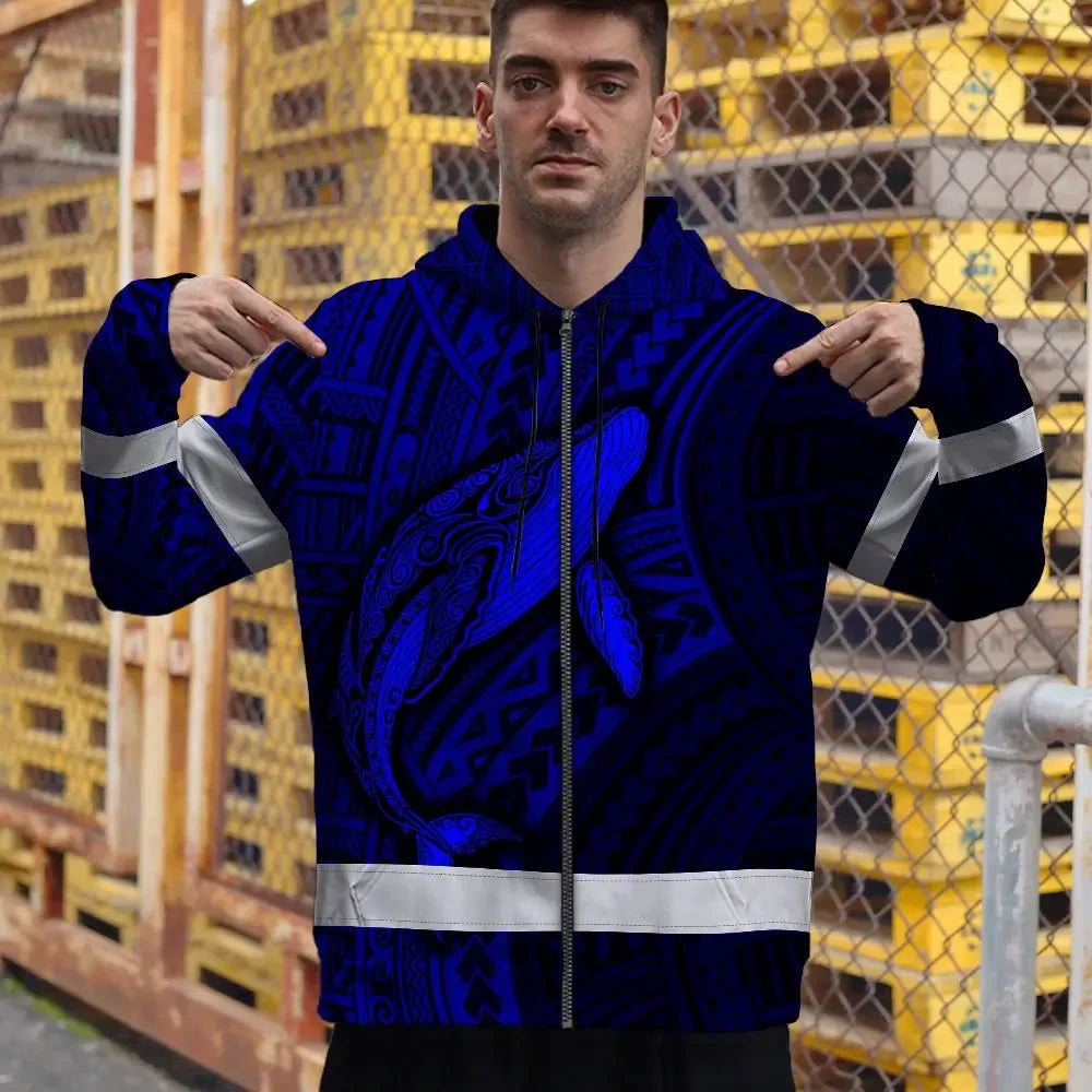 Hi Vis Zip Hoodie Reflective Tapes Blue Neon Hawaii Whale Custom Name Safety Workwear For Workers, Truckers, Operators