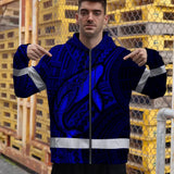 Hi Vis Zip Hoodie Reflective Tapes Blue Neon Hawaii Whale Custom Name Safety Workwear For Workers, Truckers, Operators