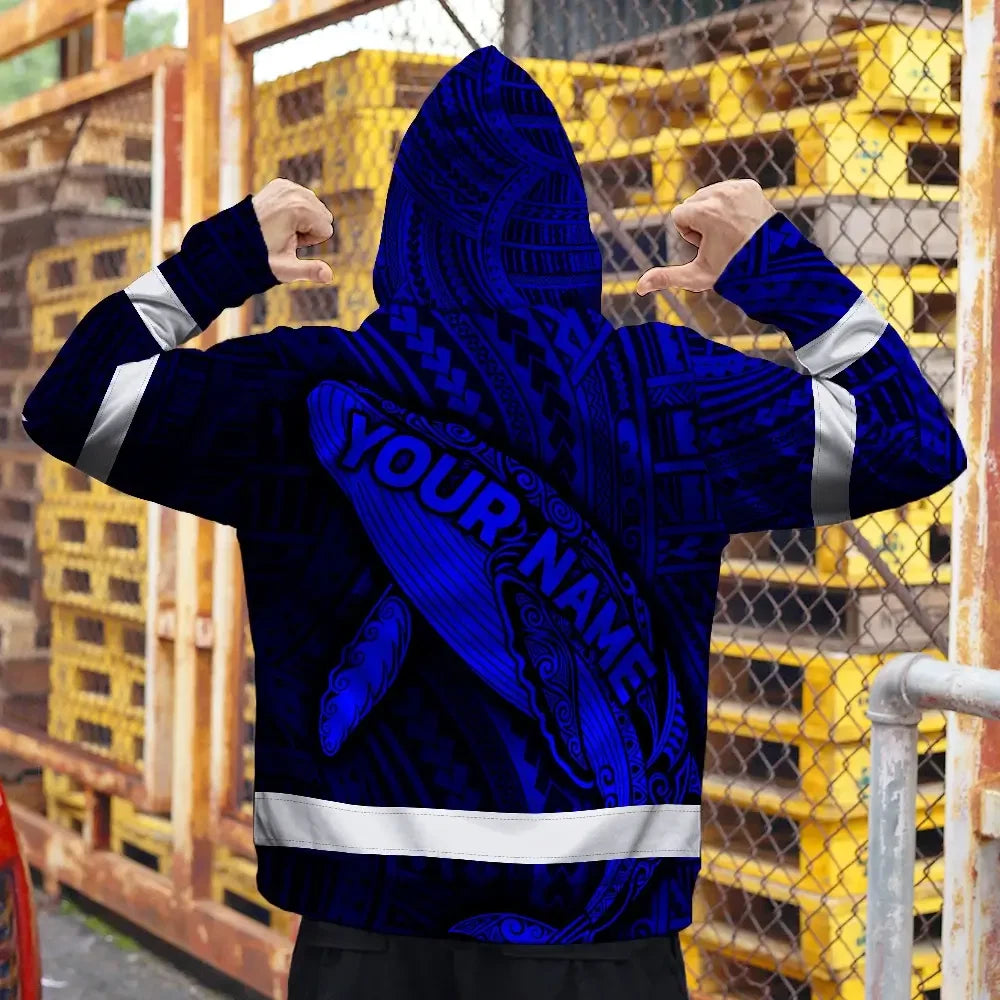 Hi Vis Zip Hoodie Reflective Tapes Blue Neon Hawaii Whale Custom Name Safety Workwear For Workers, Truckers, Operators