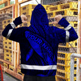 Hi Vis Zip Hoodie Reflective Tapes Blue Neon Hawaii Whale Custom Name Safety Workwear For Workers, Truckers, Operators