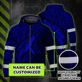 Hi Vis Zip Hoodie Reflective Tapes Blue Neon Hawaii Whale Custom Name Safety Workwear For Workers, Truckers, Operators