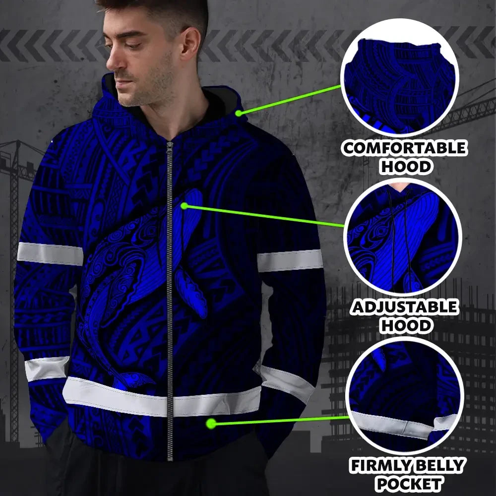 Hi Vis Zip Hoodie Reflective Tapes Blue Neon Hawaii Whale Custom Name Safety Workwear For Workers, Truckers, Operators