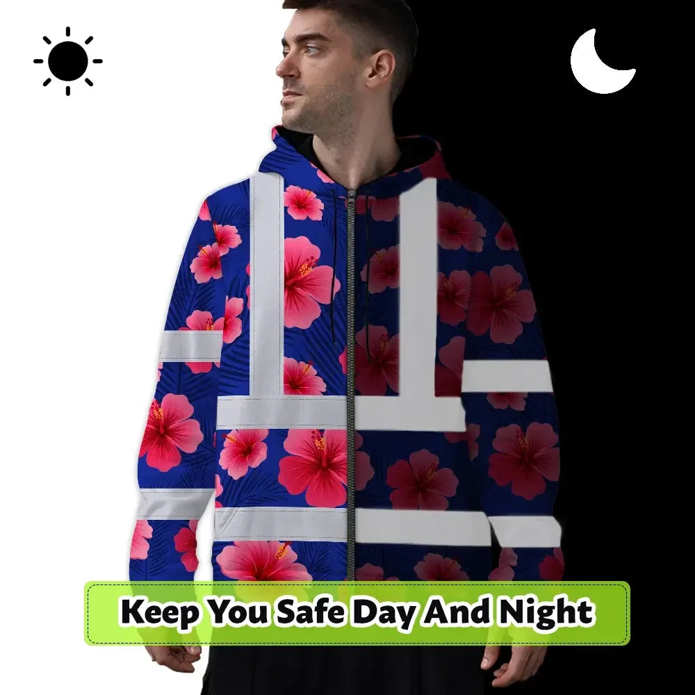 Hi Vis Zip Hoodie Reflective Tapes Blue Neon Pink Flowers Custom Name Safety Workwear For Workers, Truckers, Operators
