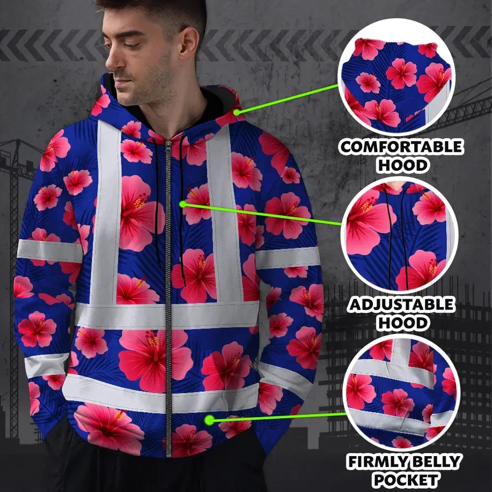 Hi Vis Zip Hoodie Reflective Tapes Blue Neon Pink Flowers Custom Name Safety Workwear For Workers, Truckers, Operators