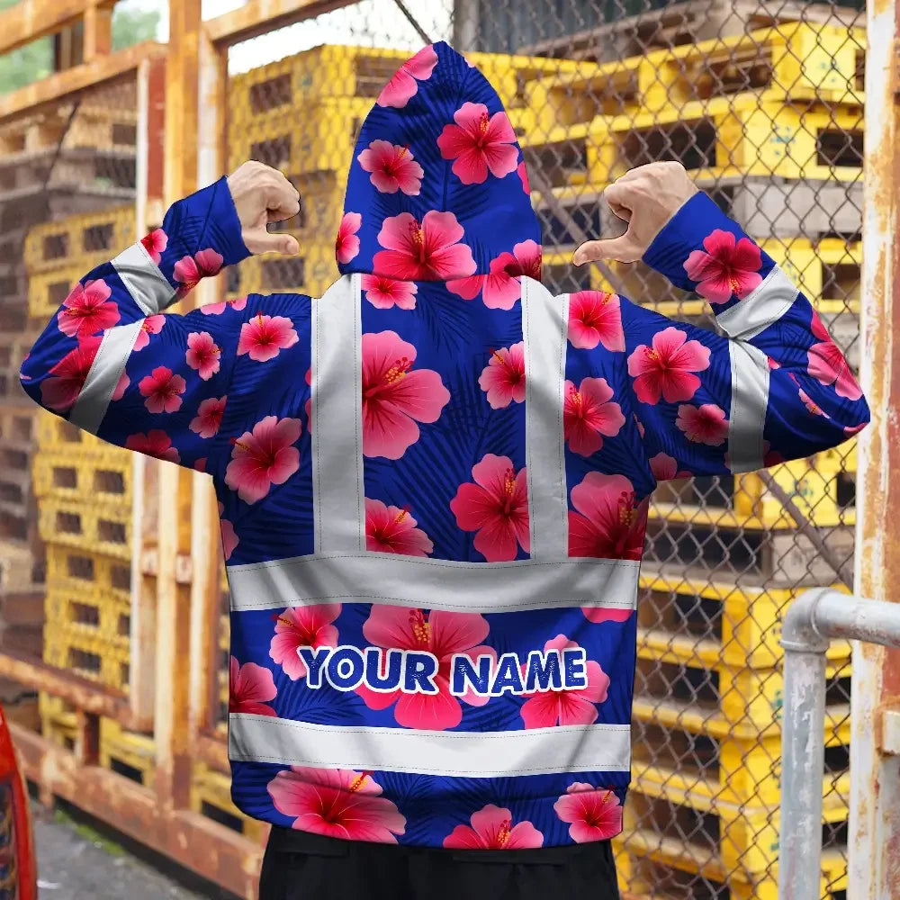Hi Vis Zip Hoodie Reflective Tapes Blue Neon Pink Flowers Custom Name Safety Workwear For Workers, Truckers, Operators