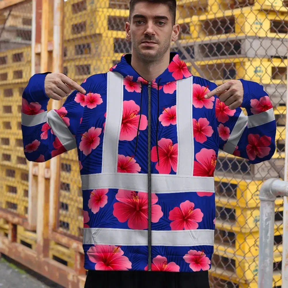 Hi Vis Zip Hoodie Reflective Tapes Blue Neon Pink Flowers Custom Name Safety Workwear For Workers, Truckers, Operators