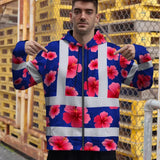 Hi Vis Zip Hoodie Reflective Tapes Blue Neon Pink Flowers Custom Name Safety Workwear For Workers, Truckers, Operators