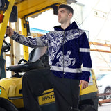 Hi Vis Zip Hoodie Reflective Tapes Blue White Turtle Hawaiian Polynesian Tribal Custom Name Safety Workwear For Workers, Truckers, Operators