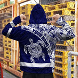 Hi Vis Zip Hoodie Reflective Tapes Blue White Turtle Hawaiian Polynesian Tribal Custom Name Safety Workwear For Workers, Truckers, Operators