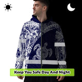 Hi Vis Zip Hoodie Reflective Tapes Blue White Turtle Hawaiian Polynesian Tribal Custom Name Safety Workwear For Workers, Truckers, Operators