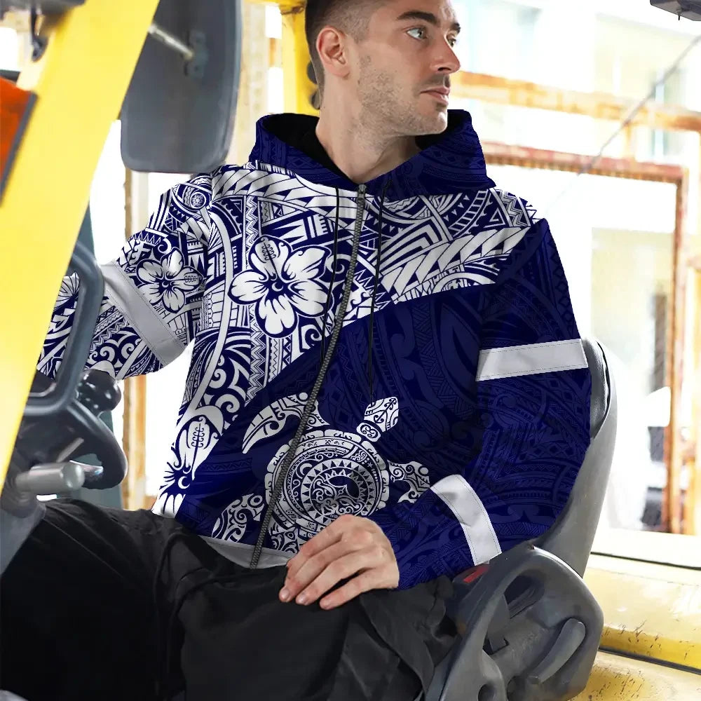 Hi Vis Zip Hoodie Reflective Tapes Blue White Turtle Hawaiian Polynesian Tribal Custom Name Safety Workwear For Workers, Truckers, Operators
