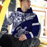 Hi Vis Zip Hoodie Reflective Tapes Blue White Turtle Hawaiian Polynesian Tribal Custom Name Safety Workwear For Workers, Truckers, Operators