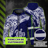Hi Vis Zip Hoodie Reflective Tapes Blue White Turtle Hawaiian Polynesian Tribal Custom Name Safety Workwear For Workers, Truckers, Operators