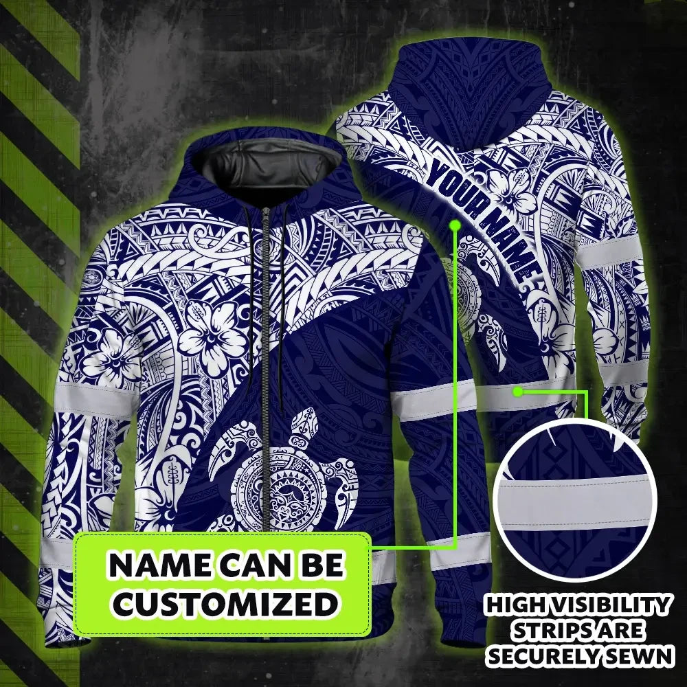 Hi Vis Zip Hoodie Reflective Tapes Blue White Turtle Hawaiian Polynesian Tribal Custom Name Safety Workwear For Workers, Truckers, Operators