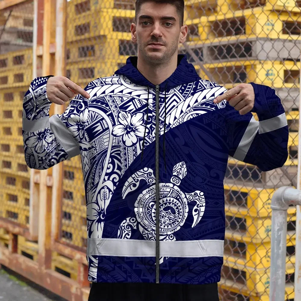 Hi Vis Zip Hoodie Reflective Tapes Blue White Turtle Hawaiian Polynesian Tribal Custom Name Safety Workwear For Workers, Truckers, Operators