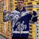Hi Vis Zip Hoodie Reflective Tapes Blue White Turtle Hawaiian Polynesian Tribal Custom Name Safety Workwear For Workers, Truckers, Operators