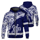 Hi Vis Zip Hoodie Reflective Tapes Blue White Turtle Hawaiian Polynesian Tribal Custom Name Safety Workwear For Workers, Truckers, Operators