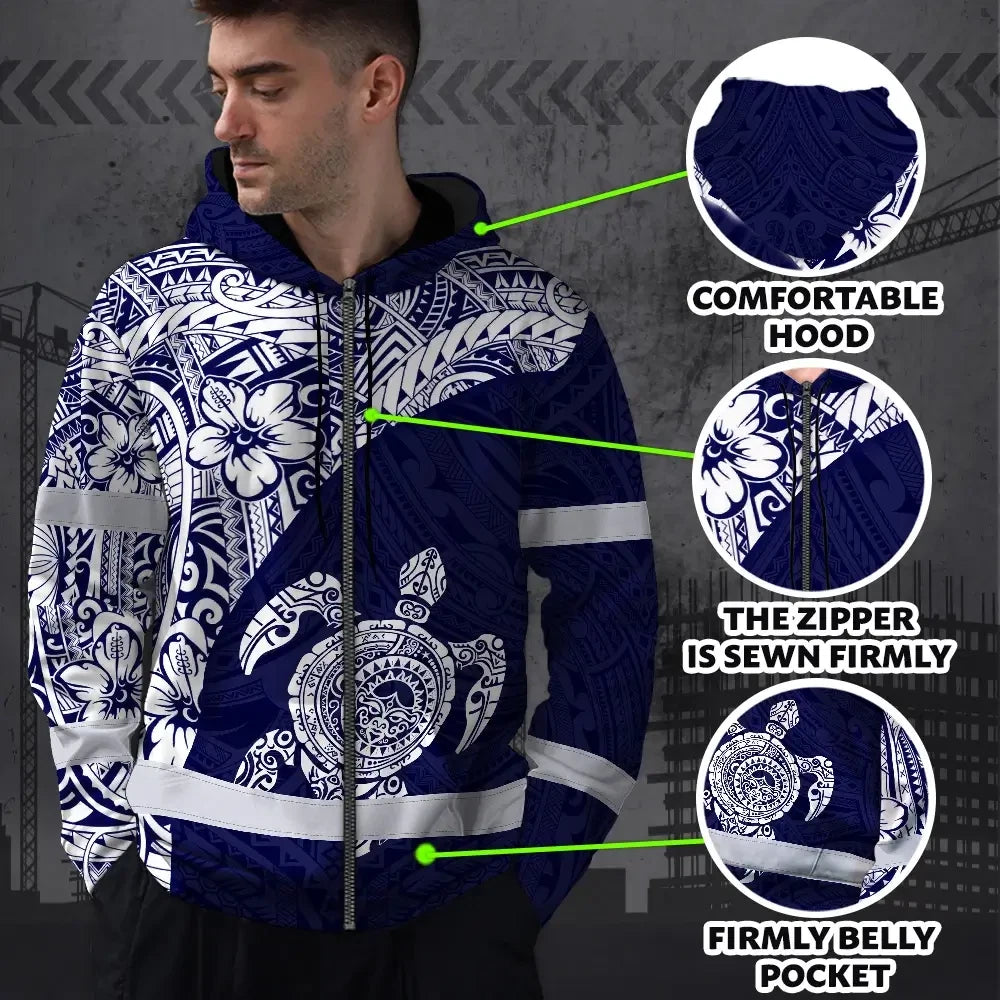 Hi Vis Zip Hoodie Reflective Tapes Blue White Turtle Hawaiian Polynesian Tribal Custom Name Safety Workwear For Workers, Truckers, Operators