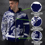 Hi Vis Zip Hoodie Reflective Tapes Blue White Turtle Hawaiian Polynesian Tribal Custom Name Safety Workwear For Workers, Truckers, Operators