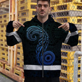 Hi Vis Zip Hoodie Reflective Tapes Gradient Blue Neon Hawaii Custom Name Safety Workwear For Workers, Truckers, Operators