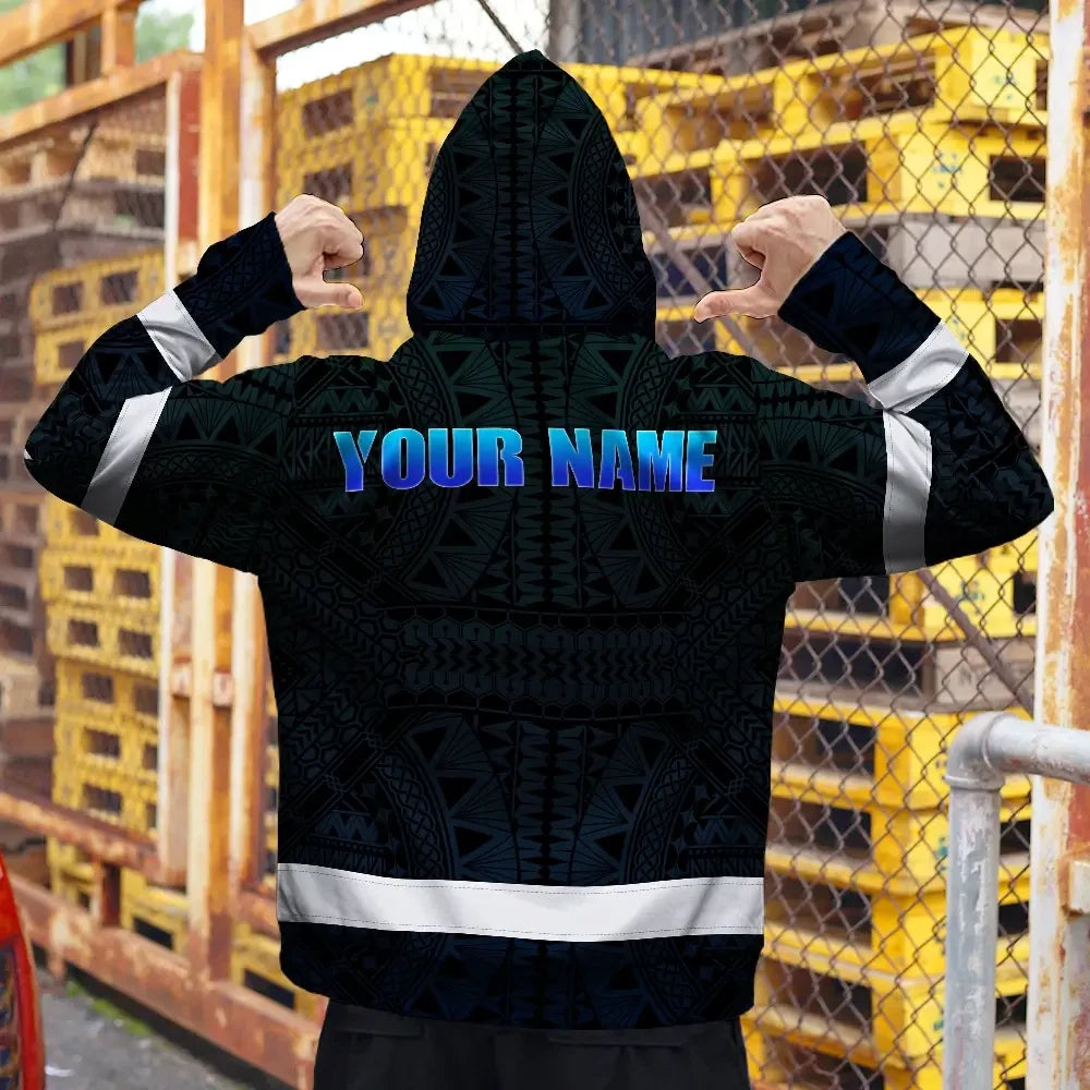 Hi Vis Zip Hoodie Reflective Tapes Gradient Blue Neon Hawaii Custom Name Safety Workwear For Workers, Truckers, Operators