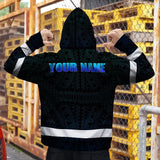Hi Vis Zip Hoodie Reflective Tapes Gradient Blue Neon Hawaii Custom Name Safety Workwear For Workers, Truckers, Operators