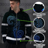 Hi Vis Zip Hoodie Reflective Tapes Gradient Blue Neon Hawaii Custom Name Safety Workwear For Workers, Truckers, Operators