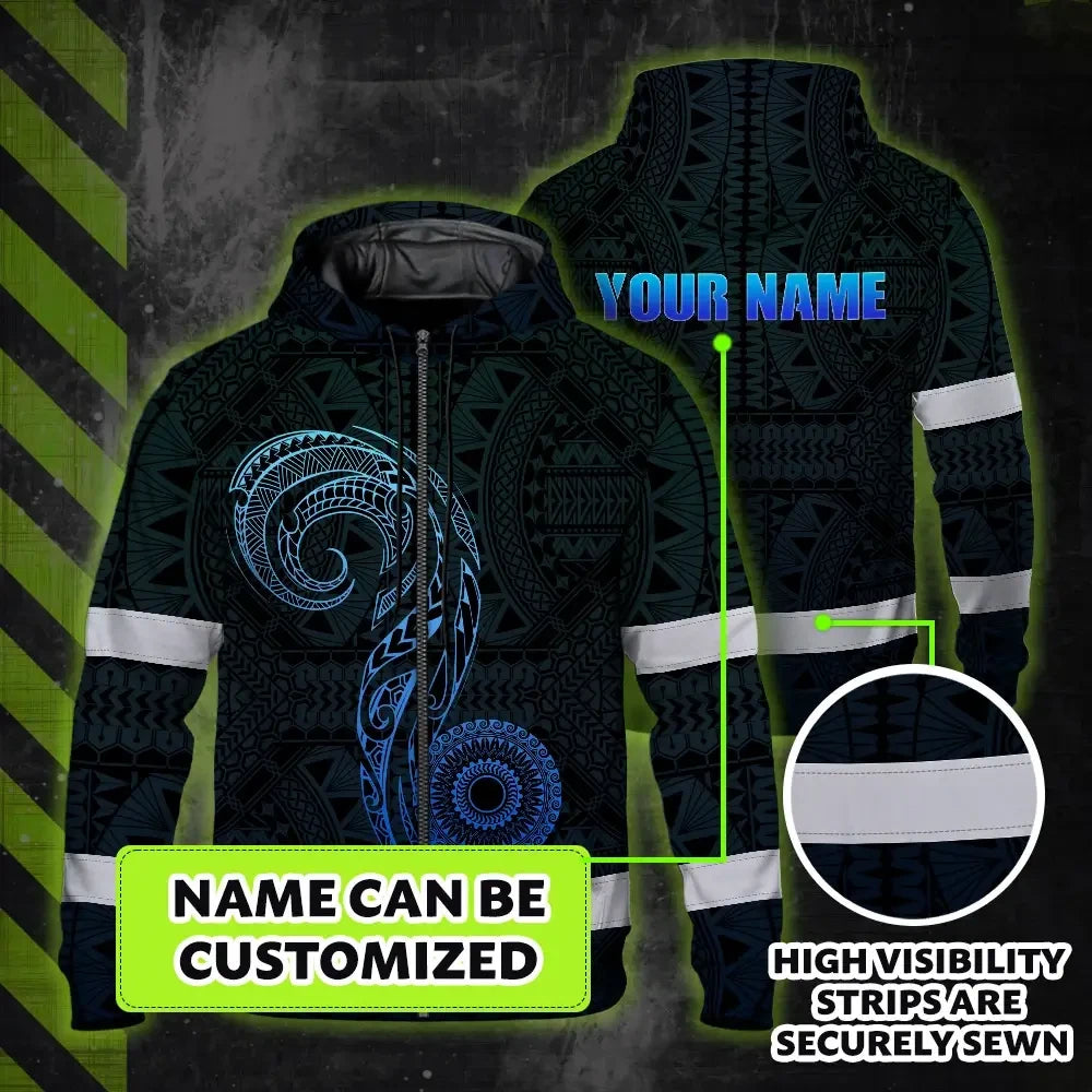 Hi Vis Zip Hoodie Reflective Tapes Gradient Blue Neon Hawaii Custom Name Safety Workwear For Workers, Truckers, Operators