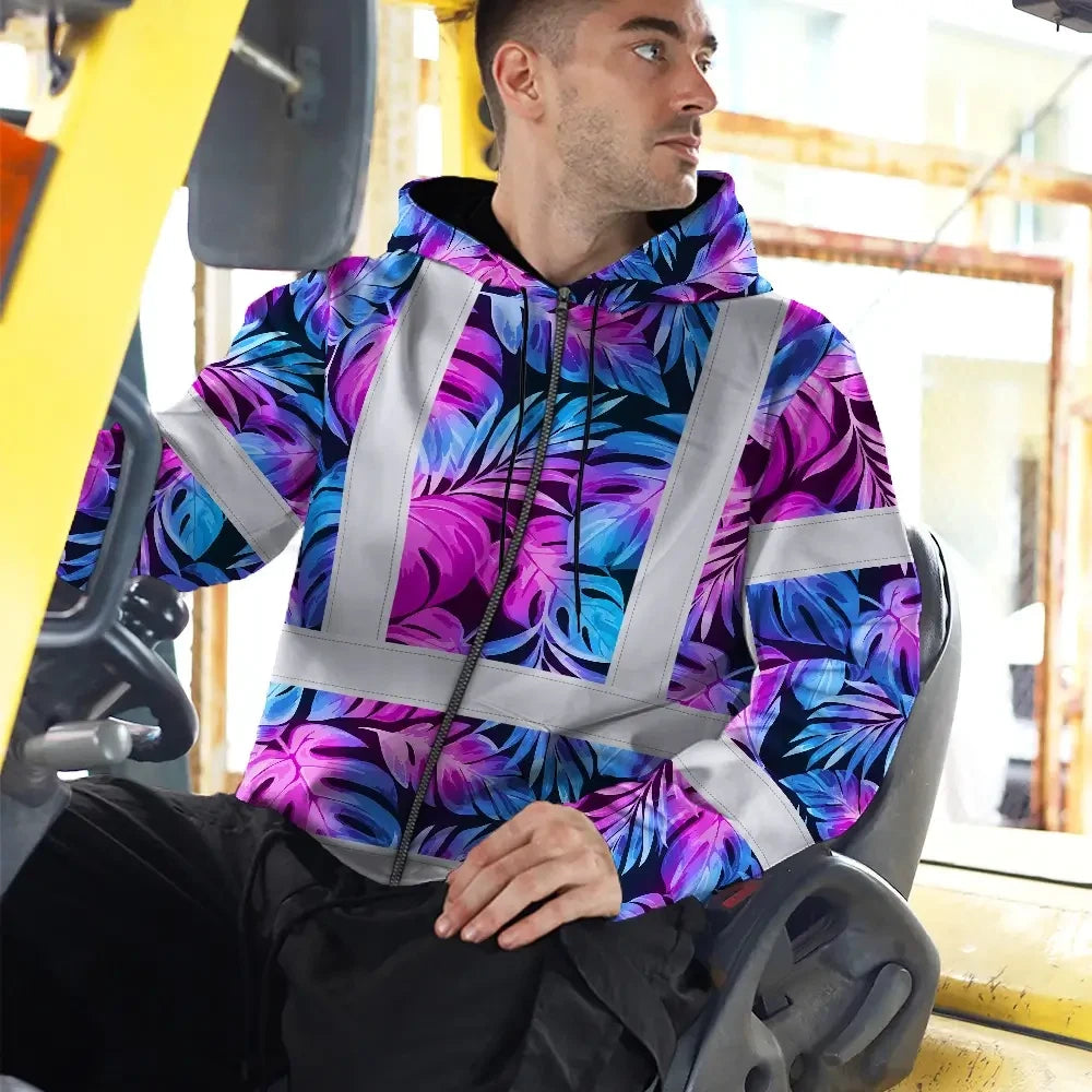 Hi Vis Zip Hoodie Reflective Tapes Gradient Blue Violet Custom Name Safety Workwear For Workers, Truckers, Operators
