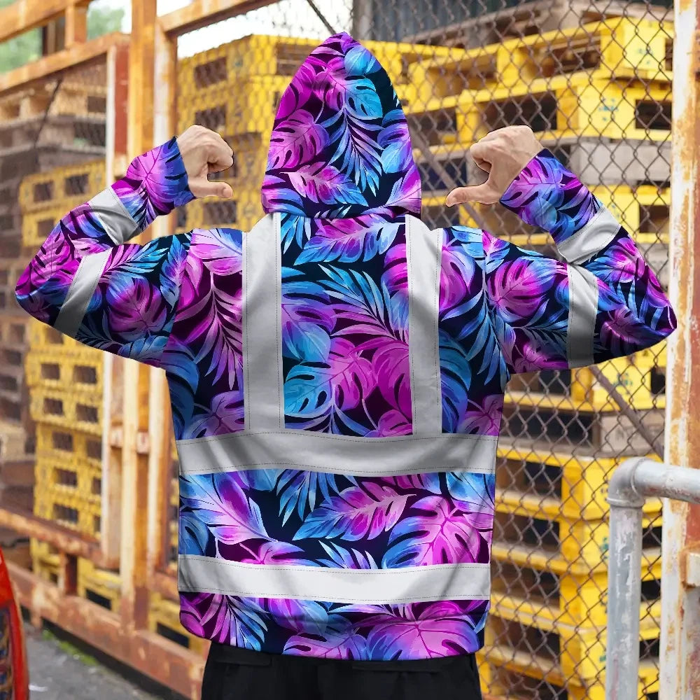 Hi Vis Zip Hoodie Reflective Tapes Gradient Blue Violet Custom Name Safety Workwear For Workers, Truckers, Operators