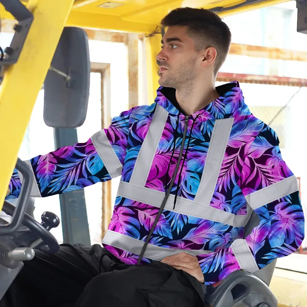 Hi Vis Zip Hoodie Reflective Tapes Gradient Blue Violet Custom Name Safety Workwear For Workers, Truckers, Operators