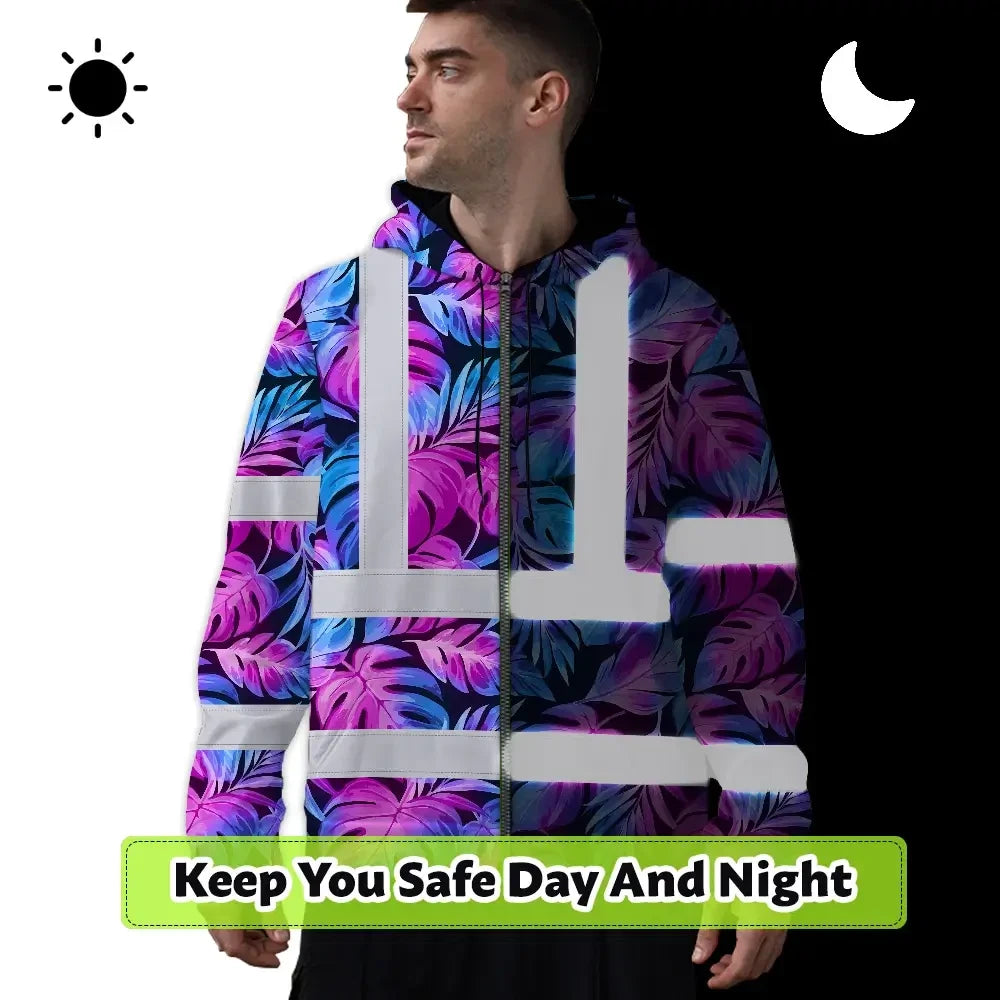 Hi Vis Zip Hoodie Reflective Tapes Gradient Blue Violet Custom Name Safety Workwear For Workers, Truckers, Operators